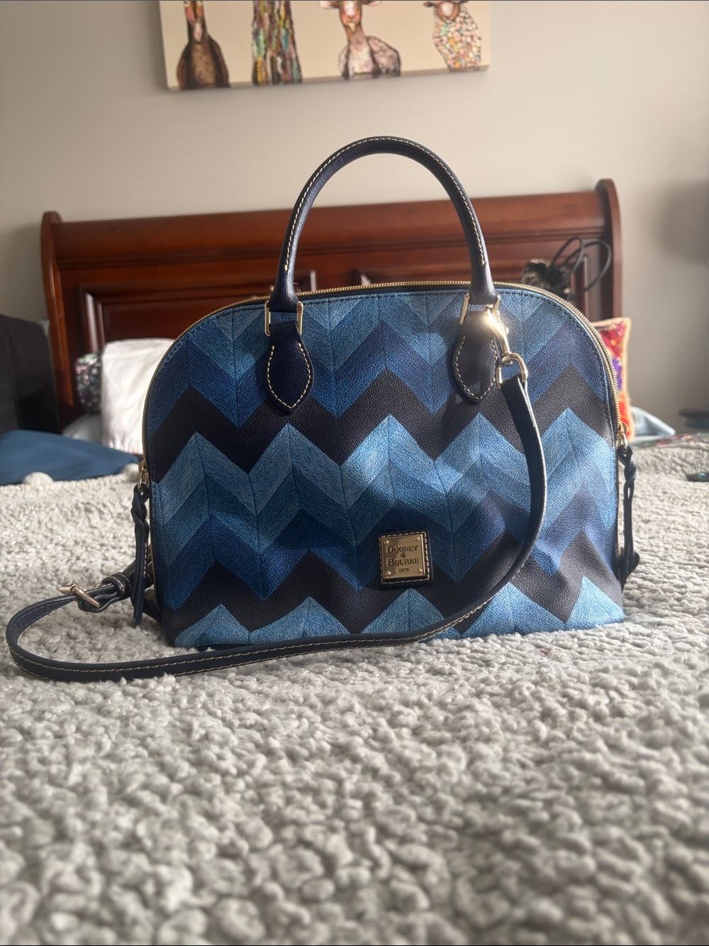 Dooney & Bourke Blue Chevron Dome Satchel with Crossbody Strap